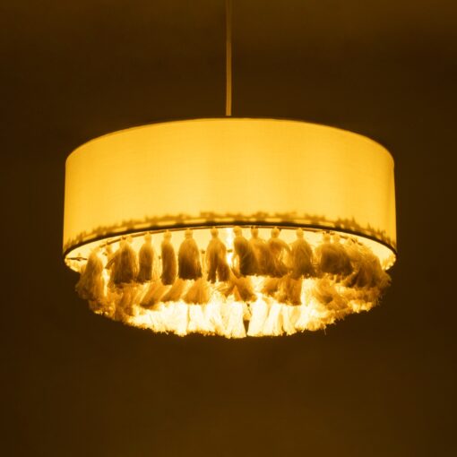 GloboStar® GINGER 02100 Boho Κρεμαστό Φωτιστικό Οροφής Μονόφωτο 1 x E27 AC220-240V IP20 – Φ50 x Υ25cm – Μπεζ Υφασμάτινο με Μπεζ Λεπτό Νήμα Πλέγμα Βαμβακερό Καπέλο – 5 Χρόνια Εγγύηση