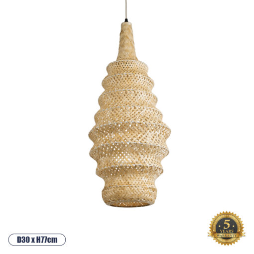 GloboStar® MAUI 02114 Boho Κρεμαστό Φωτιστικό Οροφής Μονόφωτο 1 x E27 AC220-240V IP20 – Φ30 x Υ77cm – Μπεζ Ξύλινο Μπαμπού Πλέγμα – 5 Χρόνια Εγγύηση