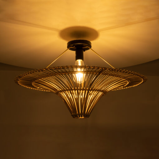 GloboStar® PALERMO 02152 Boho Φωτιστικό Οροφής Μονόφωτο 1 x E27 AC220-240V IP20 – Φ60 x Υ36cm – Μπεζ Ξύλινο Μπαμπού Πλέγμα – 5 Χρόνια Εγγύηση