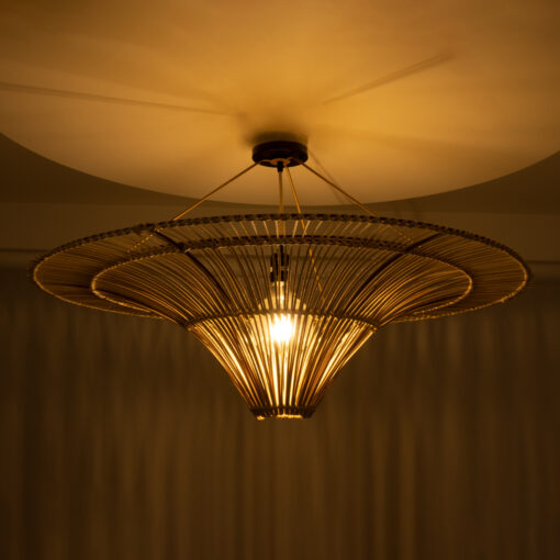 GloboStar® PALERMO 02153 Boho Φωτιστικό Οροφής Μονόφωτο 1 x E27 AC220-240V IP20 – Φ100 x Υ55cm – Μπεζ Ξύλινο Μπαμπού Πλέγμα – 5 Χρόνια Εγγύηση