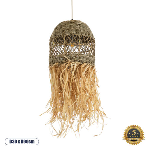 GloboStar® SAINTLUCIA 02160 Boho Κρεμαστό Φωτιστικό Οροφής Μονόφωτο 1 x E27 AC220-240V IP20 – Φ30 x Υ90cm – Χακί Σχοινί με Μπεζ Φυσική Ράφια Νήμα Πλεγμα Καμπάνα – 5 Χρόνια Εγγύηση