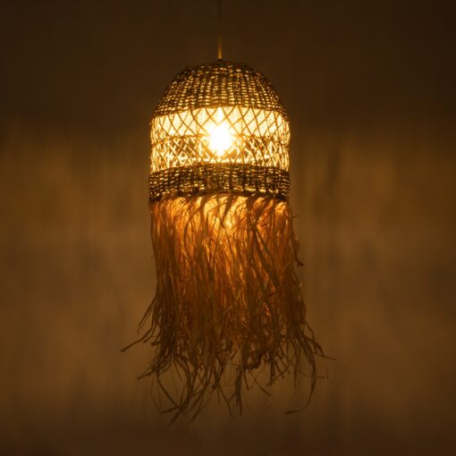 GloboStar® SAINTLUCIA 02160 Boho Κρεμαστό Φωτιστικό Οροφής Μονόφωτο 1 x E27 AC220-240V IP20 – Φ30 x Υ90cm – Χακί Σχοινί με Μπεζ Φυσική Ράφια Νήμα Πλεγμα Καμπάνα – 5 Χρόνια Εγγύηση