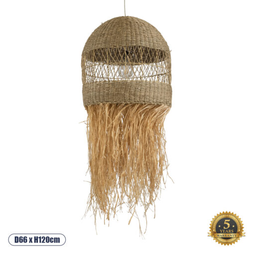 GloboStar® SAINTLUCIA 02161 Boho Κρεμαστό Φωτιστικό Οροφής Μονόφωτο 1 x E27 AC220-240V IP20 – Φ66 x Υ120cm – Χακί Σχοινί με Μπεζ Φυσική Ράφια Νήμα Πλεγμα Καμπάνα – 5 Χρόνια Εγγύηση