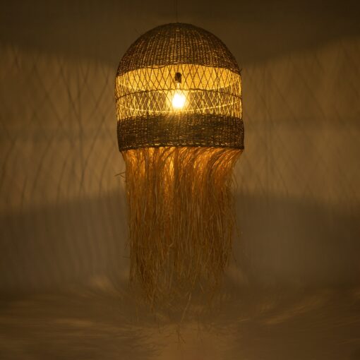 GloboStar® SAINTLUCIA 02161 Boho Κρεμαστό Φωτιστικό Οροφής Μονόφωτο 1 x E27 AC220-240V IP20 – Φ66 x Υ120cm – Χακί Σχοινί με Μπεζ Φυσική Ράφια Νήμα Πλεγμα Καμπάνα – 5 Χρόνια Εγγύηση