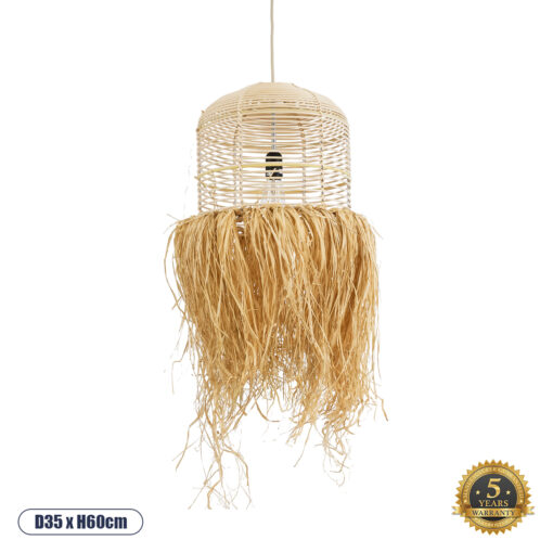 GloboStar® BASSETERRE 02162 Boho Κρεμαστό Φωτιστικό Οροφής Μονόφωτο 1 x E27 AC220-240V IP20 – Φ35 x Υ60cm – Μπεζ Ξύλινο Μπαμπού με Μπεζ Φυσική Ράφια Νήμα Πλεγμα Καμπάνα – 5 Χρόνια Εγγύηση