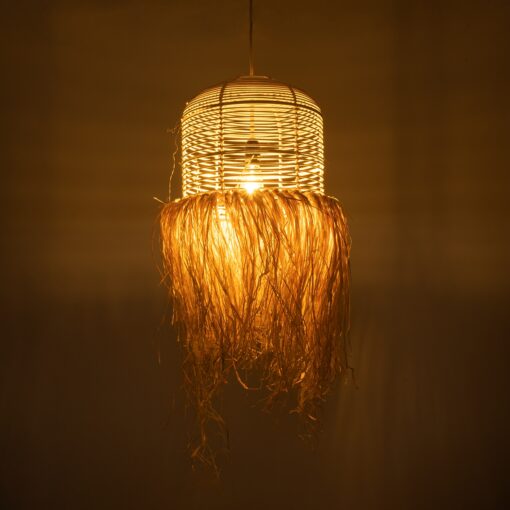 GloboStar® BASSETERRE 02162 Boho Κρεμαστό Φωτιστικό Οροφής Μονόφωτο 1 x E27 AC220-240V IP20 – Φ35 x Υ60cm – Μπεζ Ξύλινο Μπαμπού με Μπεζ Φυσική Ράφια Νήμα Πλεγμα Καμπάνα – 5 Χρόνια Εγγύηση