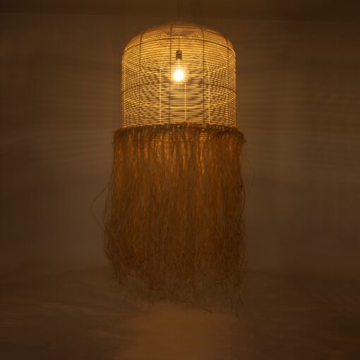 GloboStar® BASSETERRE 02163 Boho Κρεμαστό Φωτιστικό Οροφής Μονόφωτο 1 x E27 AC220-240V IP20 – Φ70 x Υ170cm – Μπεζ Ξύλινο με Μπεζ Καφέ Φυσική Ράφια Νήμα Πλέγμα Καμπάνα – 5 Χρόνια Εγγύηση