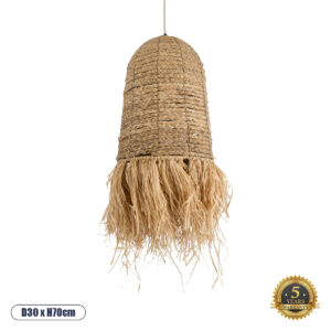 GloboStar® PORTOFERRAIO 02170 Boho Κρεμαστό Φωτιστικό Οροφής Μονόφωτο 1 x E27 AC220-240V IP20 – Φ30 x Υ70cm – Μπεζ Ξύλινο Μπαμπού Πλέγμα Καμπάνα – 5 Χρόνια Εγγύηση