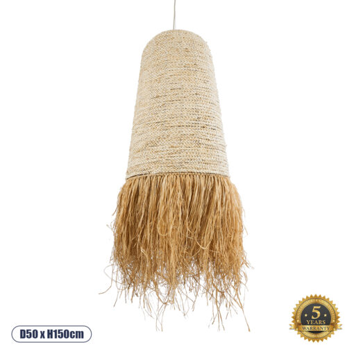 GloboStar® AREMBEPE 02171 Boho Κρεμαστό Φωτιστικό Οροφής Μονόφωτο 1 x E27 AC220-240V IP20 – Φ50 x Υ150cm – Μπεζ Φυσική Ράφια Νήμα Πλέγμα Καμπάνα – 5 Χρόνια Εγγύηση