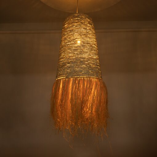 GloboStar® AREMBEPE 02171 Boho Κρεμαστό Φωτιστικό Οροφής Μονόφωτο 1 x E27 AC220-240V IP20 – Φ50 x Υ150cm – Μπεζ Φυσική Ράφια Νήμα Πλέγμα Καμπάνα – 5 Χρόνια Εγγύηση