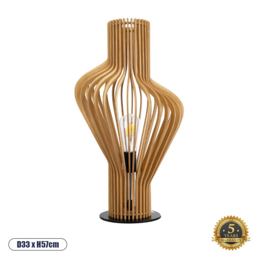 GloboStar® MIHIRO 02176 Boho Επιτραπέζιο Φωτιστικό Μονόφωτο 1 x E27 AC220-240V IP20 – Φ33 x Υ57cm – Καφέ Ξύλινο με Μαύρη Μεταλλική Βάση Πλέγμα – 5 Χρόνια Εγγύηση
