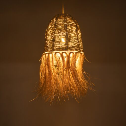 GloboStar® AREMBEPE 02178 Boho Κρεμαστό Φωτιστικό Οροφής Μονόφωτο 1 x E27 AC220-240V IP20 – Φ34 x Υ70cm – Μπεζ Φυσική Ράφια Νήμα Πλέγμα Καμπάνα – 5 Χρόνια Εγγύηση