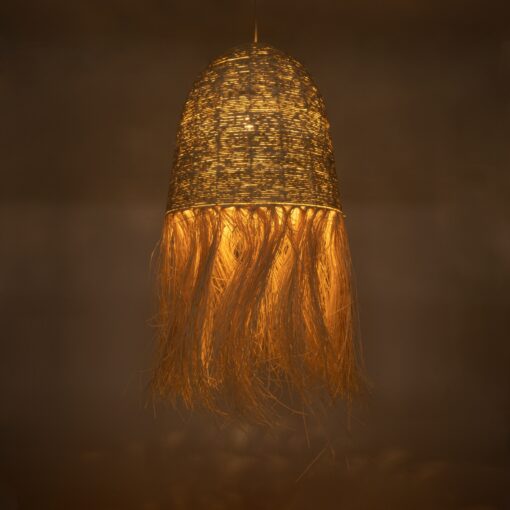 GloboStar® AREMBEPE 02179 Boho Κρεμαστό Φωτιστικό Οροφής Μονόφωτο 1 x E27 AC220-240V IP20 – Φ60 x Υ130cm – Μπεζ Φυσική Ράφια Νήμα Πλέγμα Καμπάνα – 5 Χρόνια Εγγύηση