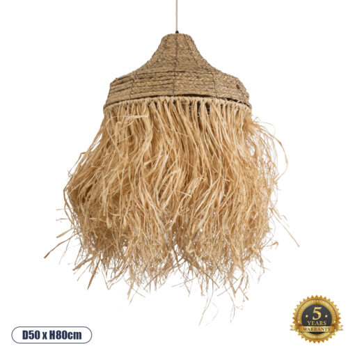 GloboStar® PORTOFERRAIO 02185 Boho Κρεμαστό Φωτιστικό Οροφής Μονόφωτο 1 x E27 AC220-240V IP20 – Φ50 x Υ80cm – Μπεζ με Καφέ Φυσική Ράφια Νήμα Πλέγμα Καμπάνα – 5 Χρόνια Εγγύηση