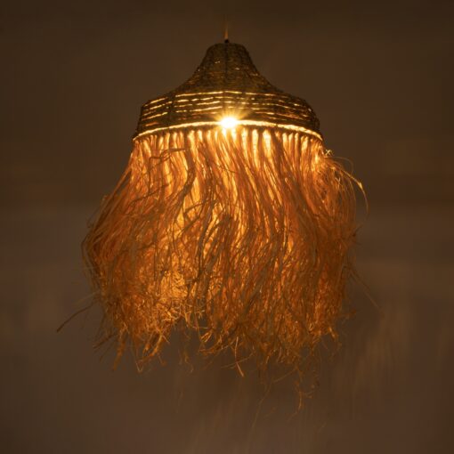 GloboStar® PORTOFERRAIO 02185 Boho Κρεμαστό Φωτιστικό Οροφής Μονόφωτο 1 x E27 AC220-240V IP20 – Φ50 x Υ80cm – Μπεζ με Καφέ Φυσική Ράφια Νήμα Πλέγμα Καμπάνα – 5 Χρόνια Εγγύηση