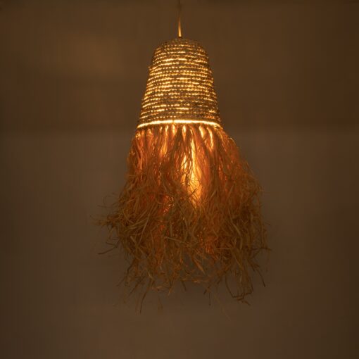 GloboStar® AREMBEPE 02189 Boho Κρεμαστό Φωτιστικό Οροφής Μονόφωτο 1 x E27 AC220-240V IP20 – Φ34 x Υ70cm – Μπεζ Φυσική Ράφια Νήμα Πλέγμα Καμπάνα – 5 Χρόνια Εγγύηση