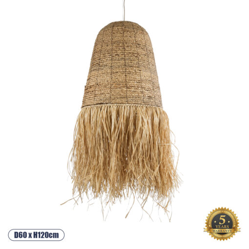 GloboStar® PORTOFERRAIO 02190 Boho Κρεμαστό Φωτιστικό Οροφής Μονόφωτο 1 x E27 AC220-240V IP20 – Φ60 x Υ120cm – Μπεζ Φυσική Ράφια Νήμα Πλέγμα Καμπάνα – 5 Χρόνια Εγγύηση