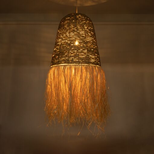 GloboStar® PORTOFERRAIO 02190 Boho Κρεμαστό Φωτιστικό Οροφής Μονόφωτο 1 x E27 AC220-240V IP20 – Φ60 x Υ120cm – Μπεζ Φυσική Ράφια Νήμα Πλέγμα Καμπάνα – 5 Χρόνια Εγγύηση