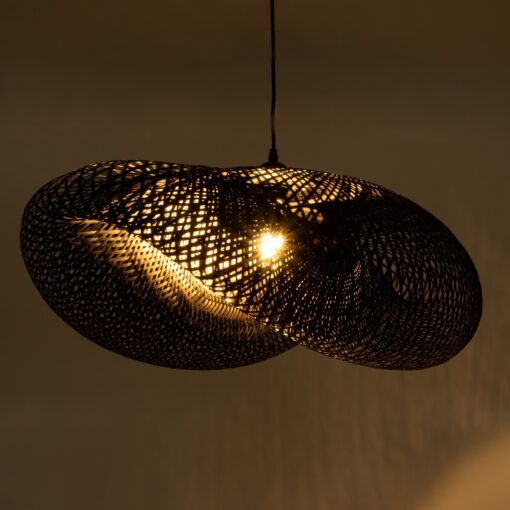 GloboStar® MEXICO 02202 Boho Κρεμαστό Φωτιστικό Οροφής Μονόφωτο 1 x E27 AC220-240V IP20 – Μ85 x Π50 x Υ30cm – Μαύρο Ξύλινο Μπαμπού Πλέγμα – 5 Χρόνια Εγγύηση