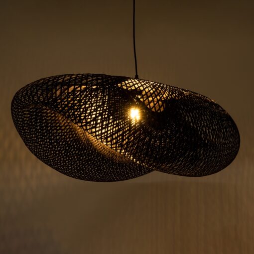 GloboStar® MEXICO 02203 Boho Κρεμαστό Φωτιστικό Οροφής Μονόφωτο 1 x E27 AC220-240V IP20 – Μ100 x Π62 x Υ33cm – Μαύρο Ξύλινο Μπαμπού Πλέγμα – 5 Χρόνια Εγγύηση