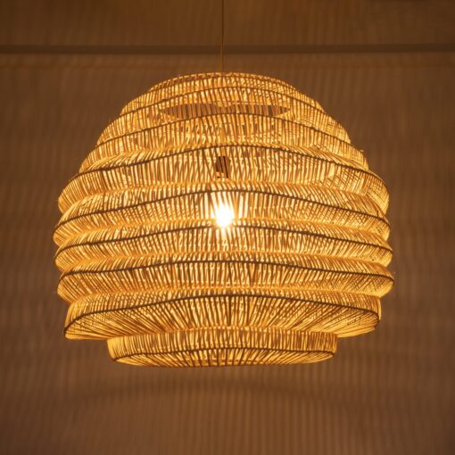 GloboStar® OREGON 02207 Boho Κρεμαστό Φωτιστικό Οροφής Μονόφωτο 1 x E27 AC220-240V IP20 – Φ80 x Υ65cm – Μπεζ Μπαμπού Πλέγμα – 5 Χρόνια Εγγύηση