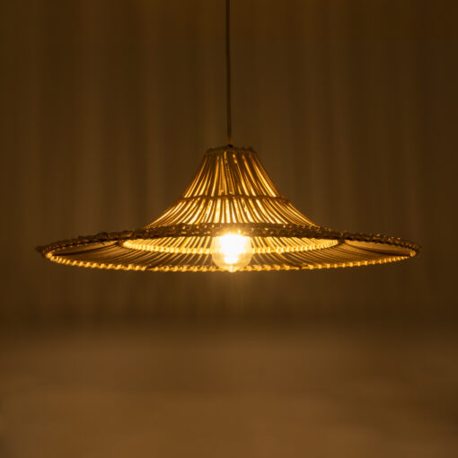 GloboStar® PALERMO 02208 Boho Κρεμαστό Φωτιστικό Οροφής Μονόφωτο 1 x E27 AC220-240V IP20 – Φ60 x Υ20cm – Μπεζ Ξύλινο Μπαμπού Πλέγμα – 5 Χρόνια Εγγύηση