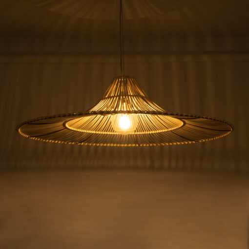 GloboStar® PALERMO 02209 Boho Κρεμαστό Φωτιστικό Οροφής Μονόφωτο 1 x E27 AC220-240V IP20 – Φ100 x Υ30cm – Μπεζ Ξύλινο Μπαμπού Πλέγμα – 5 Χρόνια Εγγύηση