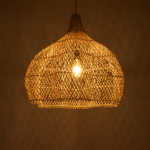 GloboStar® ADEJE 02210 Boho Κρεμαστό Φωτιστικό Οροφής Μονόφωτο 1 x E27 AC220-240V IP20 – Φ60 x Υ60cm – Μπεζ Ξύλινο Μπαμπού Πλέγμα Καμπάνα – 5 Χρόνια Εγγύηση