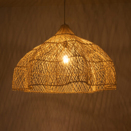 GloboStar® ADEJE 02211 Boho Κρεμαστό Φωτιστικό Οροφής Μονόφωτο 1 x E27 AC220-240V IP20 – Φ80 x Υ55cm – Μπεζ Ξύλινο Μπαμπού Πλέγμα Καμπάνα – 5 Χρόνια Εγγύηση