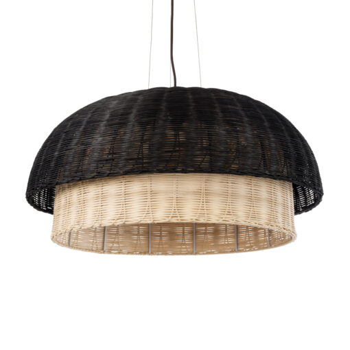 GloboStar® CORSICA 02216 Boho Κρεμαστό Φωτιστικό Οροφής Μονόφωτο 1 x E27 AC220-240V IP20 – Φ70 x Υ35cm – Μαύρο Μπεζ Ξύλινο Μπαμπού Πλέγμα Καμπάνα – 5 Χρόνια Εγγύηση