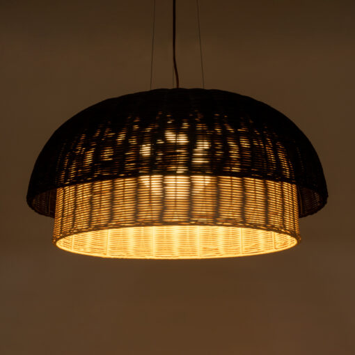 GloboStar® CORSICA 02216 Boho Κρεμαστό Φωτιστικό Οροφής Μονόφωτο 1 x E27 AC220-240V IP20 – Φ70 x Υ35cm – Μαύρο Μπεζ Ξύλινο Μπαμπού Πλέγμα Καμπάνα – 5 Χρόνια Εγγύηση