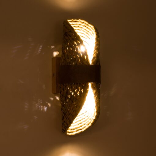 GloboStar® GUAVA 02222 Boho Φωτιστικό Τοίχου – Απλίκα Δίφωτο 2 x G9 AC220-240V IP20 – Μ11 x Π13 x Υ30cm – Μπεζ Ξύλινο Μπαμπού Πλέγμα – 5 Χρόνια Εγγύηση