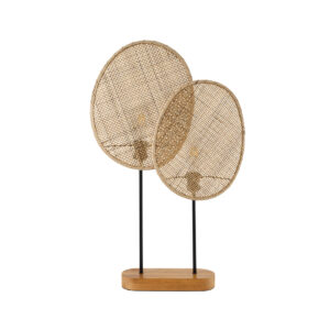 GloboStar® AZUL 02231 Boho Επιτραπέζιο Φωτιστικό Διφωτο 2 x E27 AC220-240V IP20 – Μ45 x Π11 x Υ75cm – Μπεζ Ξύλινο με Μαύρο Μεταλλικό και Μπεζ Ξύλινο Πλέγμα – 5 Χρόνια Εγγύηση