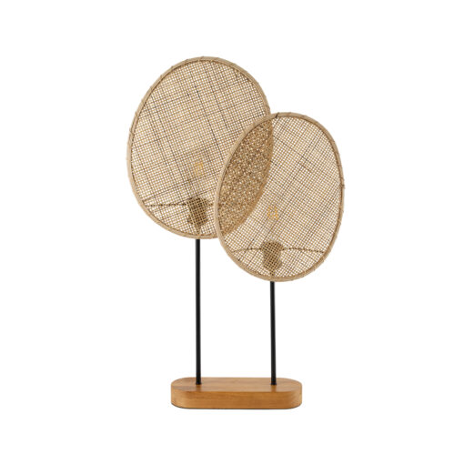 GloboStar® AZUL 02231 Boho Επιτραπέζιο Φωτιστικό Διφωτο 2 x E27 AC220-240V IP20 – Μ45 x Π11 x Υ75cm – Μπεζ Ξύλινο με Μαύρο Μεταλλικό και Μπεζ Ξύλινο Πλέγμα – 5 Χρόνια Εγγύηση