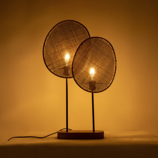 GloboStar® AZUL 02231 Boho Επιτραπέζιο Φωτιστικό Διφωτο 2 x E27 AC220-240V IP20 – Μ45 x Π11 x Υ75cm – Μπεζ Ξύλινο με Μαύρο Μεταλλικό και Μπεζ Ξύλινο Πλέγμα – 5 Χρόνια Εγγύηση