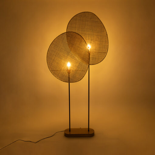 GloboStar® AZUL 02232 Boho Επιδαπέδιο Φωτιστικό Διφωτο 2 x E27 AC220-240V IP20 – Μ90 x Π17 x Υ170cm – Μπεζ Ξύλινο με Μαύρο Μεταλλικό και Μπεζ Ξύλινο Πλέγμα – 5 Χρόνια Εγγύηση