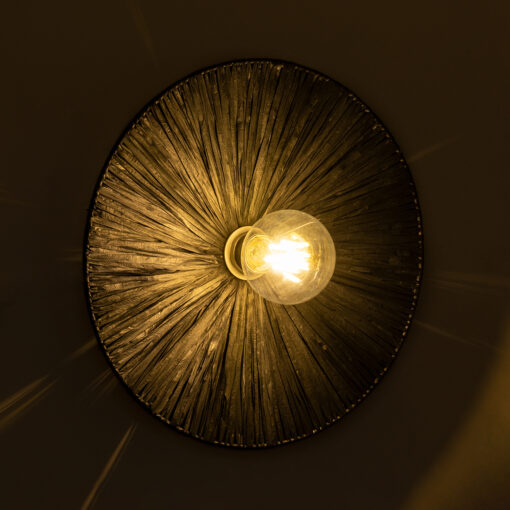 GloboStar® COLOMBO 02279 Boho Φωτιστικό Τοίχου – Απλίκα Μονόφωτο 1 x E27 AC 220-240V IP20 – Φ40 x Υ4.5cm – Μαύρη Φυσική Ράφια Άχυρο Πλέγμα – 5 Χρόνια Εγγύηση