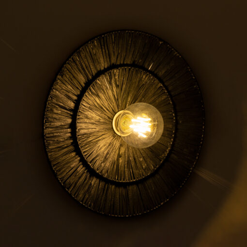 GloboStar® COLOMBO 02280 Boho Φωτιστικό Τοίχου – Απλίκα Μονόφωτο 1 x E27 AC 220-240V IP20 – Φ40 x Υ4.5cm – Μαύρη Φυσική Ράφια Άχυρο Πλέγμα – 5 Χρόνια Εγγύηση