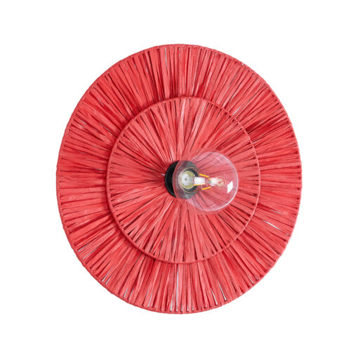 GloboStar® COLOMBO 02282 Boho Φωτιστικό Τοίχου – Απλίκα Μονόφωτο 1 x E27 AC 220-240V IP20 – Φ40 x Υ9cm – Κόκκινη Φυσική Ράφια Άχυρο Πλέγμα