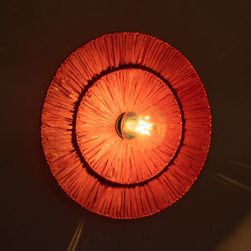 GloboStar® COLOMBO 02282 Boho Φωτιστικό Τοίχου – Απλίκα Μονόφωτο 1 x E27 AC 220-240V IP20 – Φ40 x Υ9cm – Κόκκινη Φυσική Ράφια Άχυρο Πλέγμα