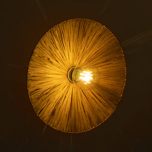 GloboStar® COLOMBO 02283 Boho Φωτιστικό Τοίχου – Απλίκα Μονόφωτο 1 x E27 AC 220-240V IP20 – Φ40 x Υ4.5cm – Μπεζ Καφέ Φυσική Ράφια Άχυρο Πλέγμα – 5 Χρόνια Εγγύηση