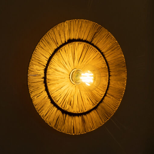GloboStar® COLOMBO 02284 Boho Φωτιστικό Τοίχου – Απλίκα Μονόφωτο 1 x E27 AC 220-240V IP20 – Φ40 x Υ4.5cm – Μπεζ Καφέ Φυσική Ράφια Άχυρο Πλέγμα – 5 Χρόνια Εγγύηση