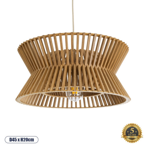 GloboStar® BIMINI 02287 Boho Κρεμαστό Φωτιστικό Οροφής Μονόφωτο 1 x E27 AC220-240V IP20 – Φ45 x Υ20cm – Καφέ Ξύλινο Πλέγμα Καμπάνα – 5 Χρόνια Εγγύηση