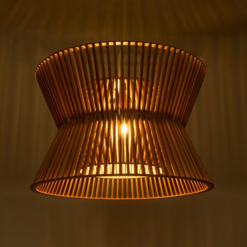 GloboStar® BIMINI 02288 Boho Κρεμαστό Φωτιστικό Οροφής Μονόφωτο 1 x E27 AC220-240V IP20 – Φ60 x Υ40cm – Καφέ Ξύλινο Πλέγμα Καμπάνα – 5 Χρόνια Εγγύηση