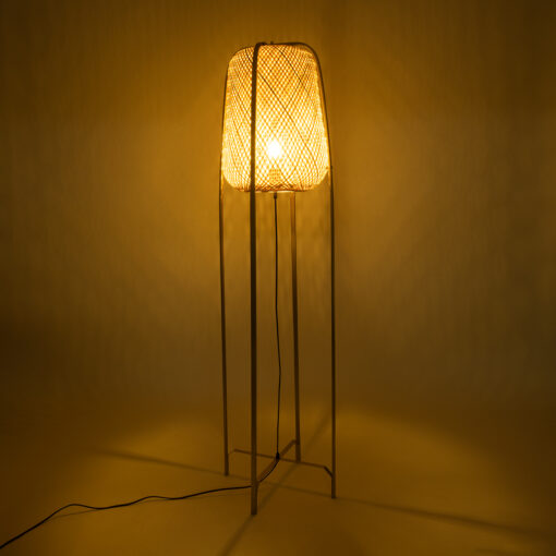 GloboStar® MEILANI 02301 Boho Επιδαπέδιο Φωτιστικό Μονόφωτο 1 x E27 AC220-240V IP20 – Φ40 x Υ150cm – Χρυσό Μεταλλικό με Μπεζ Ξύλινο Ρατάν Πλέγμα – 5 Χρόνια Εγγύηση