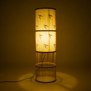 GloboStar® FALKLAND 02307 Boho Επιδαπέδιο Φωτιστικό Μονόφωτο 1 x E27 AC220-240V IP20 – Φ30 x Υ100cm – Λευκό Υφασμάτινο με Μάυρες Λεπτομέρειες και Μπεζ Ξύλινο Μπαμπού Πλέγμα – 5 Χρόνια Εγγύηση