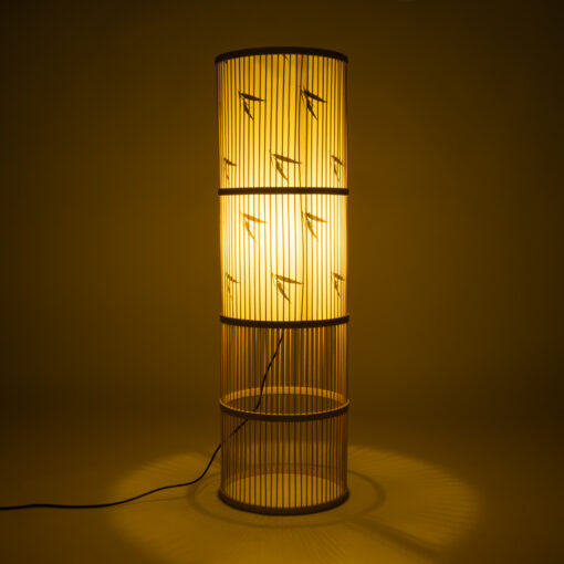 GloboStar® FALKLAND 02307 Boho Επιδαπέδιο Φωτιστικό Μονόφωτο 1 x E27 AC220-240V IP20 – Φ30 x Υ100cm – Λευκό Υφασμάτινο με Μάυρες Λεπτομέρειες και Μπεζ Ξύλινο Μπαμπού Πλέγμα – 5 Χρόνια Εγγύηση