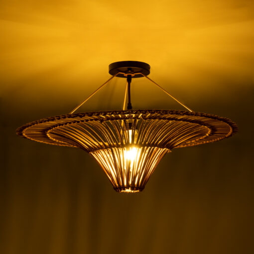 GloboStar® PALERMO 02308 Boho Φωτιστικό Οροφής Μονόφωτο 1 x E27 AC220-240V IP20 – Φ60 x Υ36cm – Μπεζ Καφέ Ξύλινο Μπαμπού Πλέγμα – 5 Χρόνια Εγγύηση