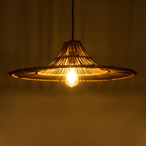 GloboStar® PALERMO 02310 Boho Κρεμαστό Φωτιστικό Οροφής Μονόφωτο 1 x E27 AC220-240V IP20 – Φ60 x Υ18cm – Μπεζ Καφέ Ξύλινο Μπαμπού Πλέγμα – 5 Χρόνια Εγγύηση