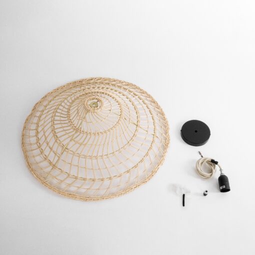 GloboStar® KAIA 02346 Boho Κρεμαστό Φωτιστικό Οροφής Μονόφωτο 1 x E27 AC220-240V IP20 – Φ60 x Υ20cm – Μπεζ Ξύλινο Μπαμπού Πλέγμα Καμπάνα – 5 Χρόνια Εγγύηση